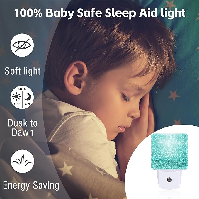 Teal Turquoise Glitter Night Light Plug into Wall, Green Sparkle Bling Dusk to Dawn Night Light Plug in,0.5w Energy Saving Sleep Friendly NightLight for Kids Boys Girls Home Decor