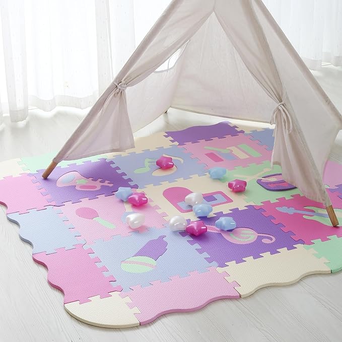 Foam Play Mat for Kids，25Pcs Square Interlocking Puzzle Floor Mat，Baby Play Mat Floor Mat Foam Puzzle Playmat for Toddlers with Fence（Musical Instrument-CSH016