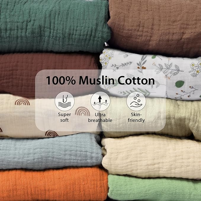 2 Pack Soft Muslin Baby Crib Sheets, 100% Cotton Breathable Double Layer Fitted Sheets for Standard Crib and Toddler Bed Mattresses 28x52 Inches, for Baby Girls and Boys (Sage & Fog