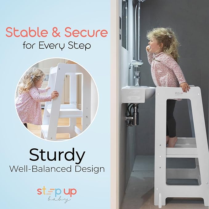 Stepup Baby Toddler Step Stool - Adjustable Height Kids Helper Step Stool, Durable, Non-Slip & Bathroom Sink, Platform for Kitchen, Toddler Tower for Exploration and Growth - White