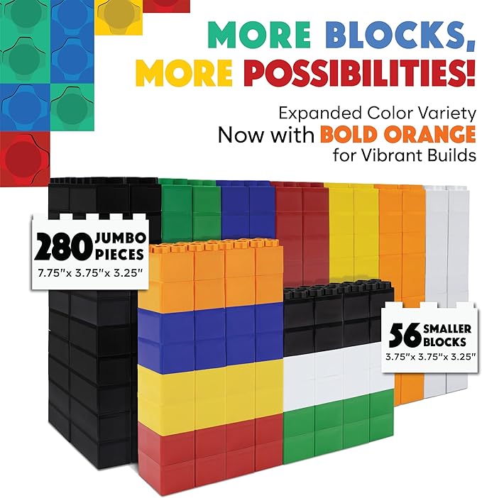 Large Building Blocks for Kids Ages 3-8 – 336 Piece Mega Set – Indoor & Outdoor STEM Toy for Boys & Girls