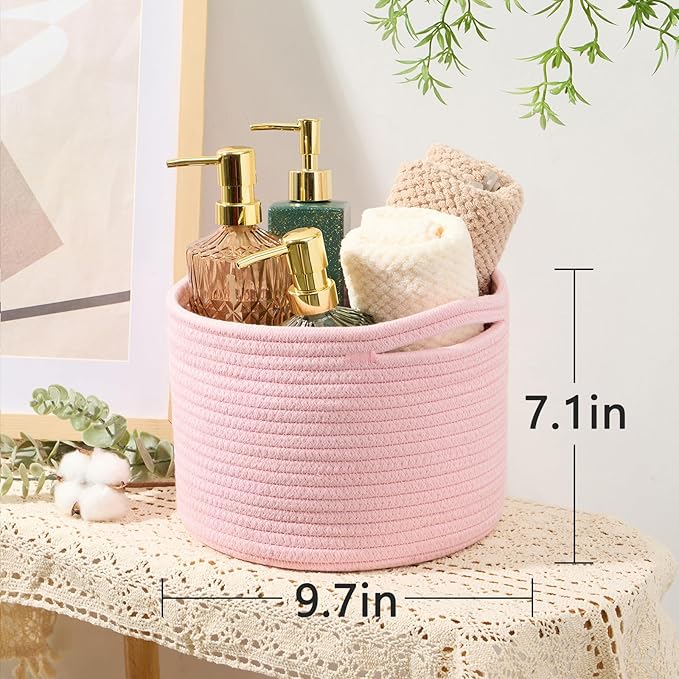 Small Basket for Organizing | Cube Shelf Closet Storage Baskets | 9.7×9.7×7.1” | Woven Rope Gift Basket | Nursery | Round 3 Packs Light Pink