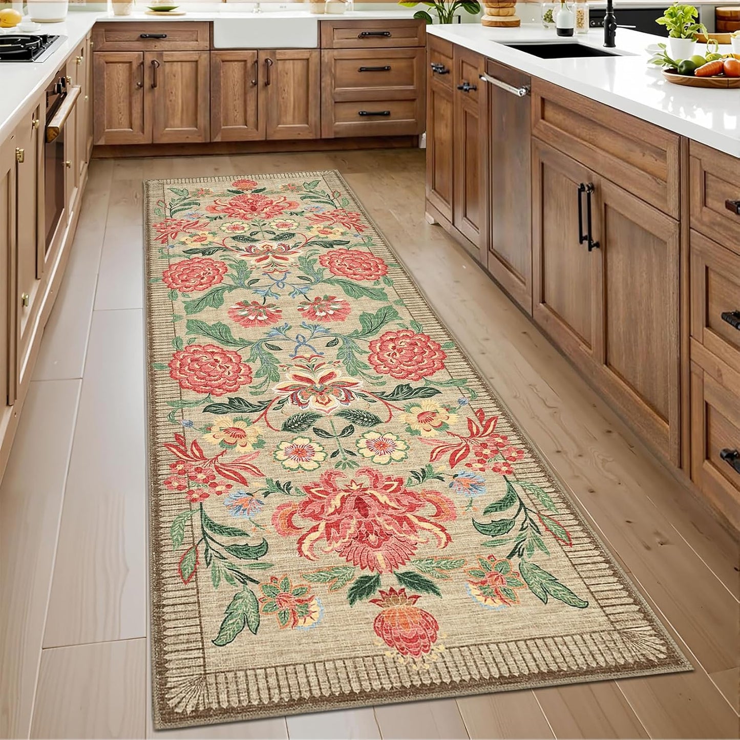 GarveeHome Floral 2x6 Washable Kitchen Runner Rugs Non Slip Camel Taupe Brown Vintage Boho Cottage Long Rug for Hallways Bedroom Entryway Bathroom Mat with Rubber Back
