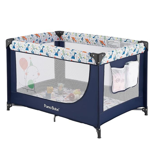 Pamo Babe Travel Foldable Portable Bassinet Baby Infant Comfortable Play Yard Crib Cot with Soft Mattress Breathable Mesh Walls, and Carry Bag Blue