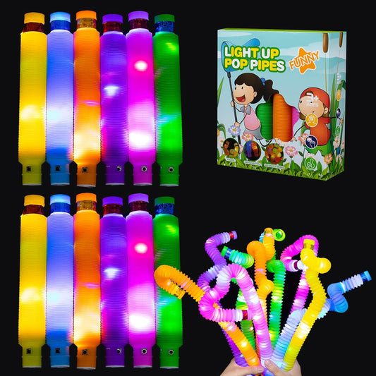 Light Up Pop Fidget Tubes: Glow Sensory Tube Stretch Toys for Kids Party Favors - Mini Plastic Pull Tubes Bulk with LED Lights Glowing Stick in the Dark (12 Pcs)