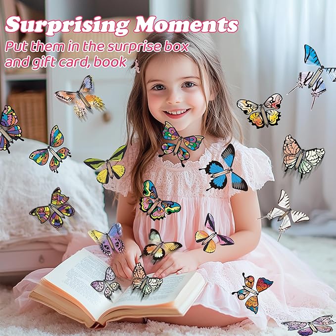 JOY SPOT! 28 Pack DIY Butterfly Craft Kit for Kids, 16 Paper Butterflies and 13 Color Pens, Make Your Own Rubber Band Wind Up Butterfly Toy, Perfect for Party Games, School Activities, Surprise Cards
