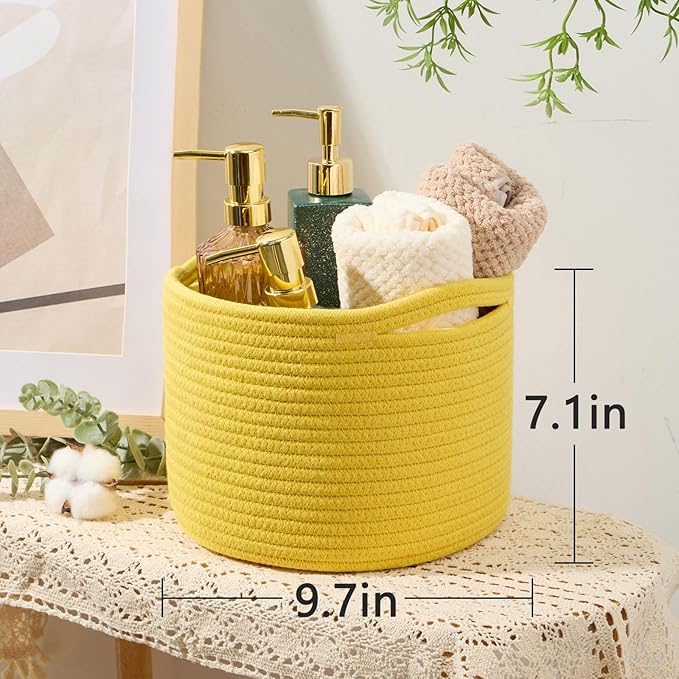 Small Basket for Organizing | Cube Shelf Closet Storage Baskets | 9.7×9.7×7.1” | Woven Rope Gift Basket | Nursery | Round 3 Packs Yellow