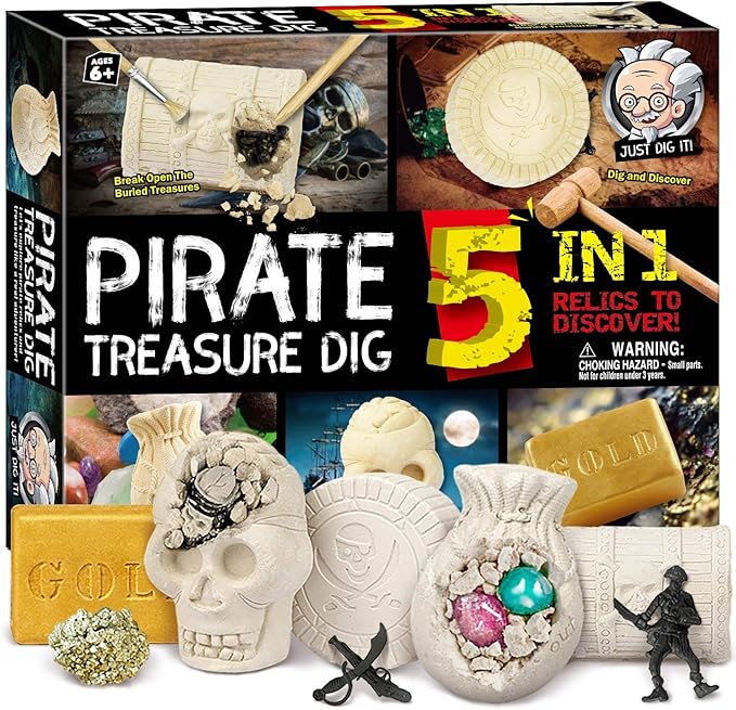 XXTOYS Pirate Treasures Dig Kit Break Into 5 Bricks Treasure Excavation Kits Pirate Toys Gems Dig Kits Interactive Excavating Toys Great Birthday Gift Party Supplies Archeology Educational STEM Kits