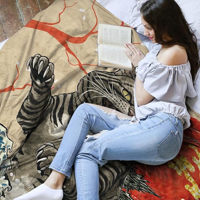 Anime Cat Blanket for Lover, Japanese Funny Cat Blanket 50"*60", Cat Gifts for Women Men Cats Lovers, Kitten Blanket, Funny Vintage Cat Art, Japanese Sunset