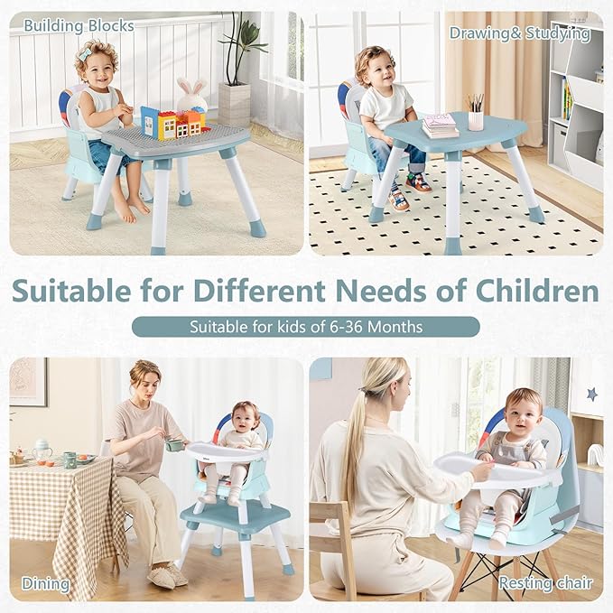 INFANS 8 in 1 Baby High Chair, Convertible Highchair for Babies and Toddlers, Infant Dining Booster Seat, Building Block Table, Kids Stool Table Chair Set with Removable Tray (8 in 1, Baby Blue)