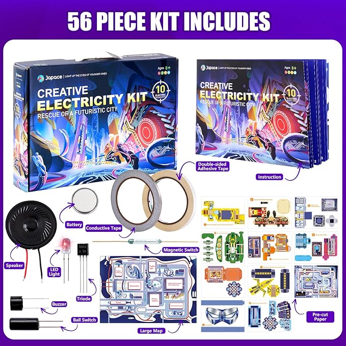 Japace Electricity Science kit for Kids Age 8-14,10 STEM Projects,Paper Circuit Physics Lab for Learning,Cool Christmas Birthday Gift for Boys Girls