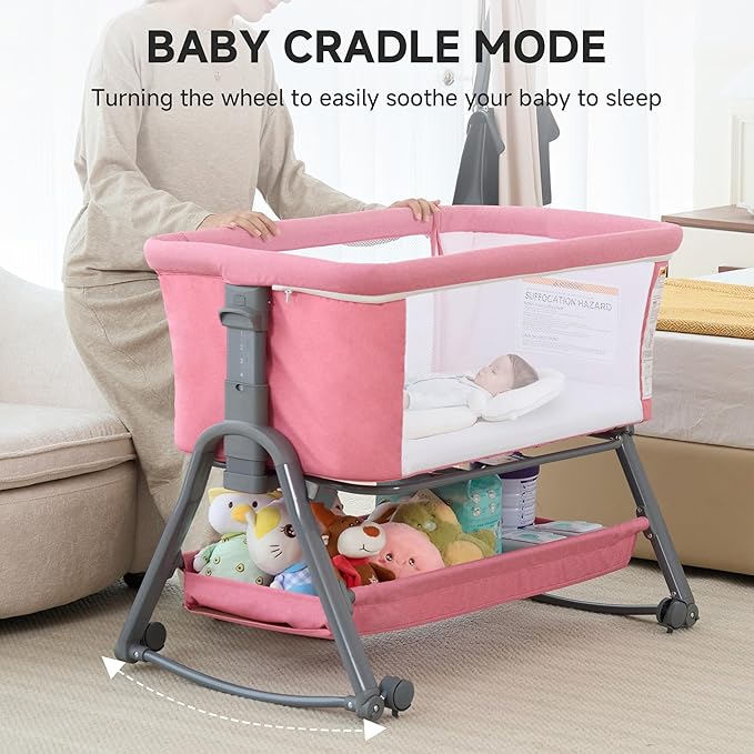 Real Relax Baby Bassinet Bedside Sleeper, 3 in 1 Bedside Crib with 6 Adjustable Height and Mosquito Nets, Portable Bedside Bassinet for Baby with Wheels, Easy to Fold, Included Mattress, Pink