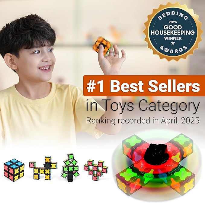 TOSY Magnet Fidget Spinner Mini - 8 Blocks, 3 in 1 Toy: Transformable Fidget Spinner, Infinity Cube, 2x2 Puzzle Cube, Stress Relief, STEM Magnet Tiles Birthday Gift for Kids/Boys/Girls/Adults, 4-Pack