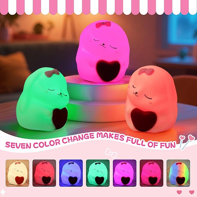 Night Light for Kids, Rechargeable Dimmable Silicone LED Nightlight with 7 Colors, Baby Nursery Night Lamp, Touch Squishy Lamp, Cute Gifts for Girls, Boys, Toddler Room Decor, Rabbit