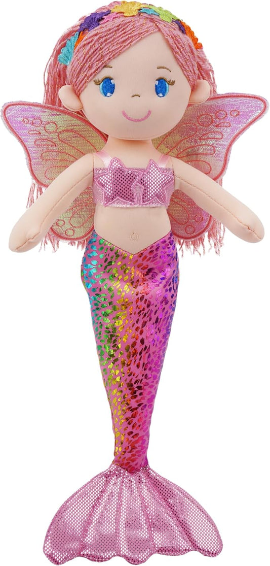 June Garden 16" Selina Pearl Mermaid Fairy Doll – Soft Plush Doll with Shimmery Wings & Sparkly Tail – Huggable Stuffed Toy Gift for Girls Age 18 Months and Up