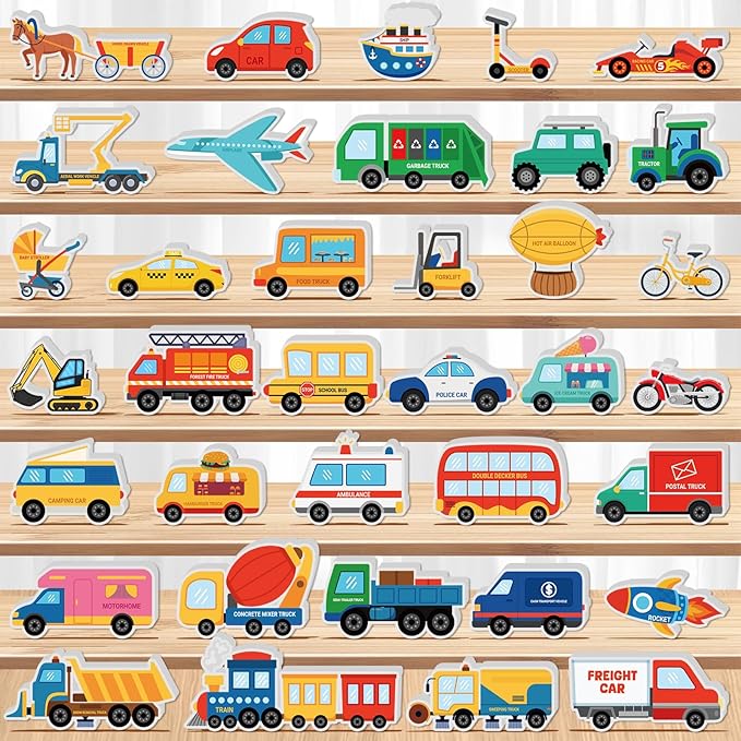 Kathfly 36 Pcs Wooden Community Helpers Community Wooden Toy Preschool Little Professionals Block Vehicles Set Multicultural Vehicles Creative Play for Social Learning, Educational Model