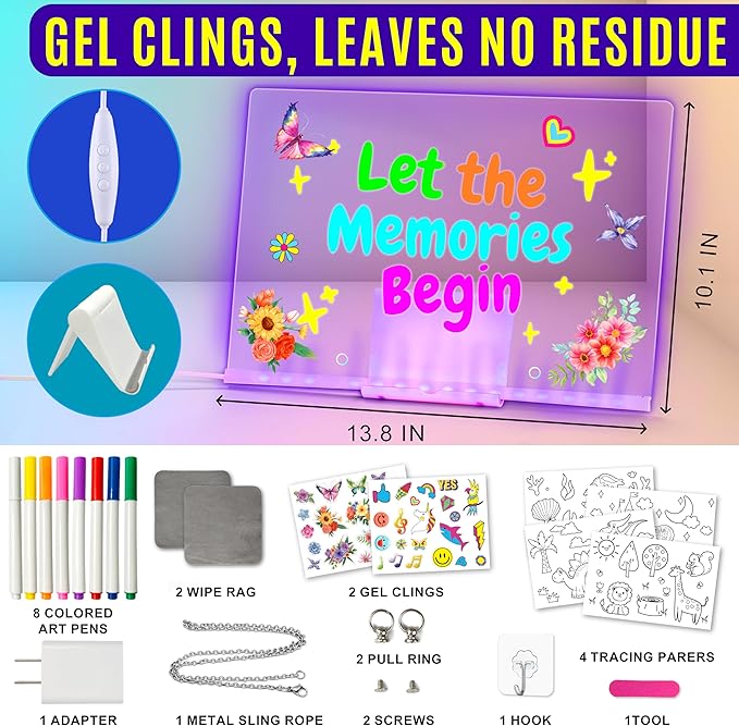 LED Drawing Board, 13.8"X10", Acrylic Note Board with Colors, Include Adapter, Acrylic Dry Erase Pad with Light 4 Modes & 7 Colors, 8 Markers, Stand, Hanging Chain, 2 Gel Clings, Holiday Gift