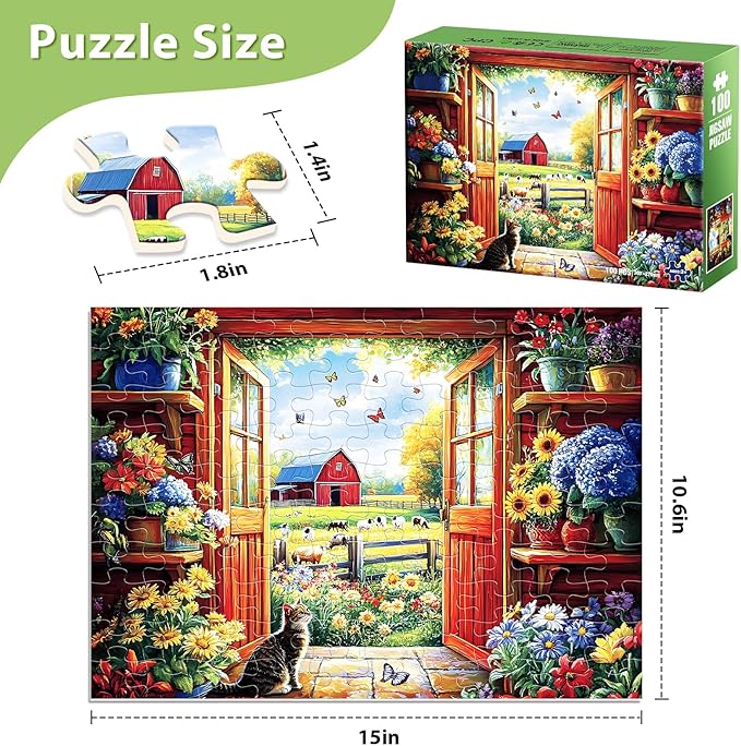 Jeaiciro 100 Piece Puzzles for Kids Ages 5-8 & 8-10, Flower House Farm Jigsaw Puzzle, Large Piece Puzzles for Seniors & Adults, Educational Toy for Boys and Girls Family Fun Gift Set for Child