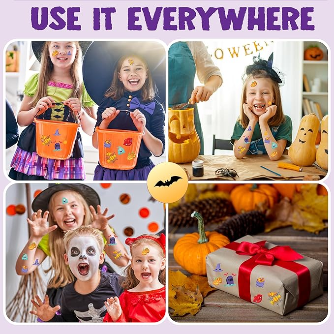 JOYIN 306 Pcs Halloween Tattoos for Kids, Glowing Temporary Tattoos in Assorted Designs Bulk for Child Trick or Treat Gifts Halloween Party Favor Decorations Goodie Bags Supplies Class Game Prizes