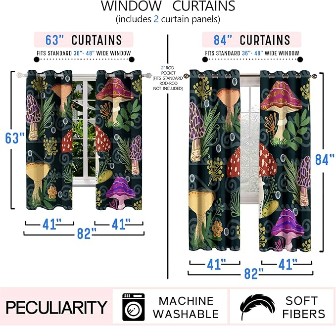 Mushrooms Curtain Panels for Kids Room 2Pcs, Green Cartoon Blackout Curtains 84 inch Length for Kids Bedroom Nursery Room Grommet Top Thermal Insulated Curtains, Dinosaur Print, 82" x 84"