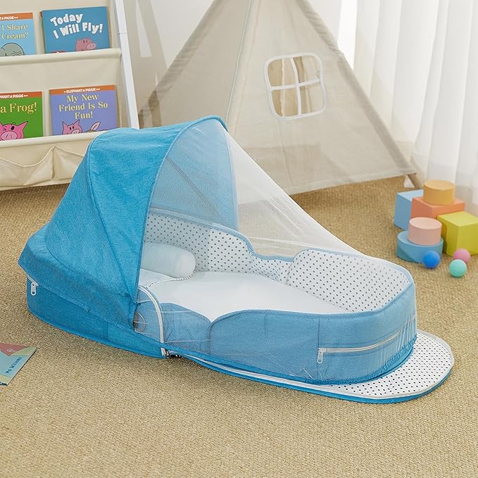 Baby Travel Bassinet Portable Bassinets, Foldable Carry Bag Bassinet Travel Crib, Lightweight Baby Lounger Pod Infant Bed with 2-1 Mosquito & Canopy (Blue)