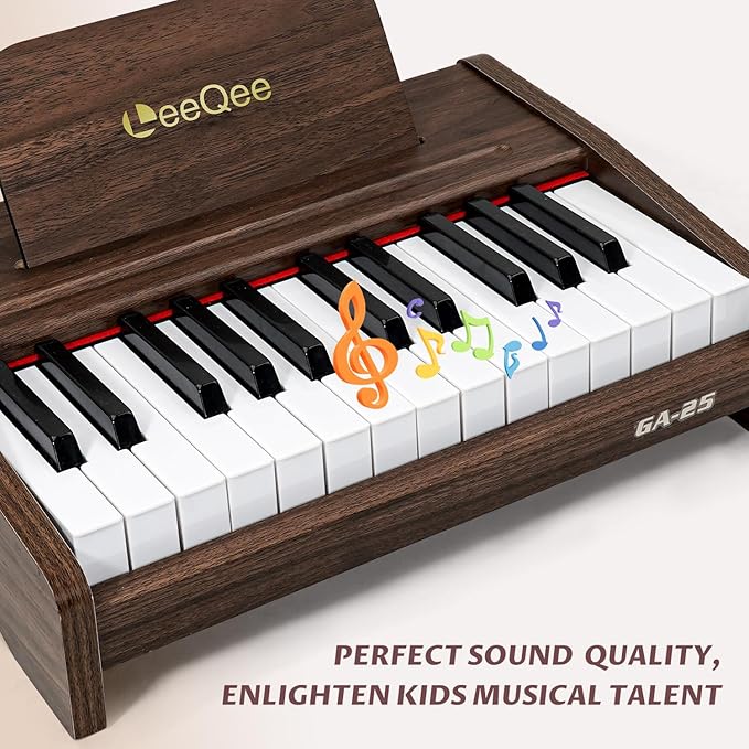 LeeQee 25-Key Wooden Electronic Piano Keyboard for Kids - Educational Music Toy with Realistic Sound, Dual Power Supply & Learning Accessories - Perfect Toddler Learning Gift