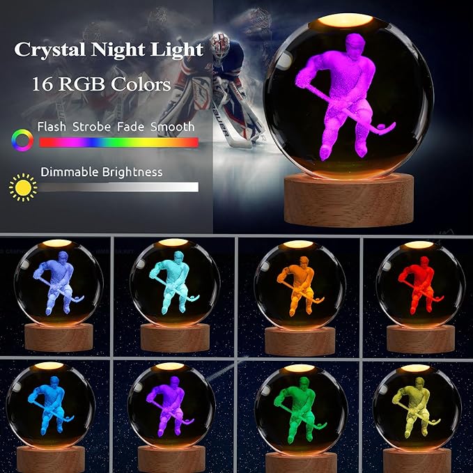 Hockey Night Light, Ice Hockey Gifts, Hockey 3D Crystal Ball Night Light with Remote Upgraded 3.15 Inch Lamps with 16 Color for Birthday Xmas Cool Figurines Gifts for Room Decor Boys Girls
