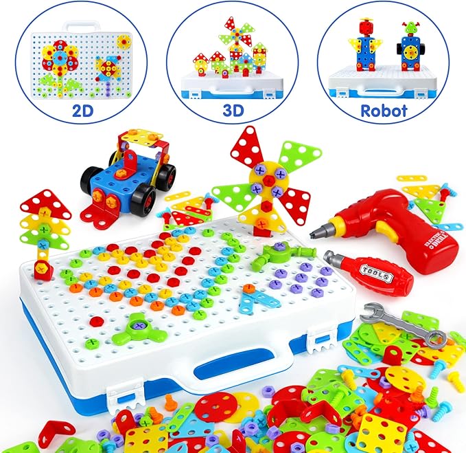 STEM Toys for 3 5 7 Year Old Boys Kids, 232 Pcs Kids Drill Set Building Blocks, DIY Educational Construction Engineering Toys, Creative Mosaic Electric Drill Set Gift for Kid Boys Girls Age 3-8 Years