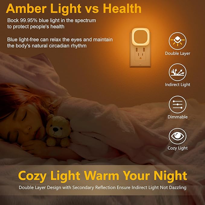 4 Pack Plug in Amber Night Light, Auto Dusk to Dawn, Soft Glow, Dimmable, Diffused Light, LED Lights for Bedroom, Kids, Bathroom, Sleep, Baby Nursery, Toddler, Hallway, Kitchen, Home Decor