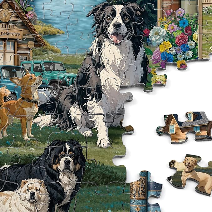 Jigsaw Puzzles for Adults 1000 Pieces, Rocorose Dogs Bookshelf Nature Landscape Puzzle Difficult Animal Jigsaw Puzzles for Family Challenging for Game Night Puzzle Book Home Decoration