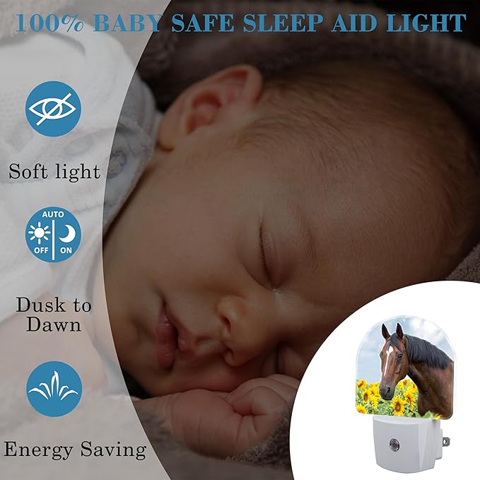Night Light Plug into Wall Horse in Sunflower Field with Dusk to Dawn Sensor for Kid Girls Boys Women Men Room Decor, Hallway, Kitchen, Bathroom, Nursery, Stairs