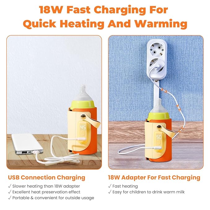 Baby Bottle Warmer – Portable Milk Warmer with 5 Adjustable Temperature Levels, LED Display & Fast Charging, Bottle Insulation Cover for Travel, Car & Outdoor Use