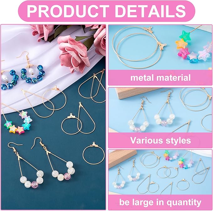 Pndeyo 700pcs Hypoallergenic Hoop Earrings Making Kit, Mix Size Earring Beading Hooks for Women, Spring Earring Wire Hooks Pads Accessories for DIY Jewelry Making- Gold