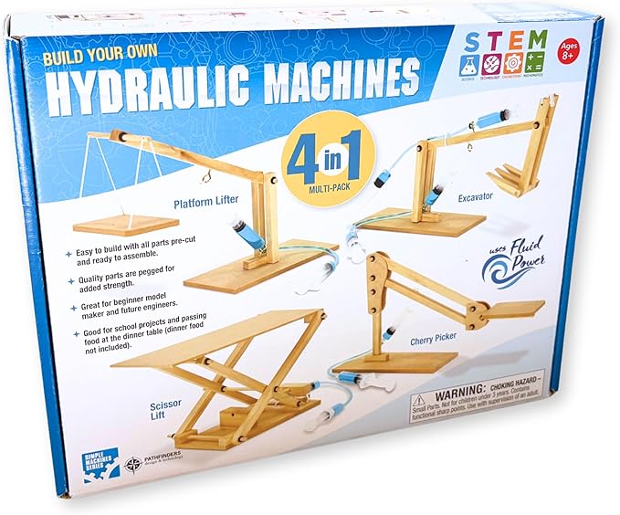 PATHFINDERS STEM Kit- Hydraulics 4-in-1– Build 4 Hydraulic Machines | Engineering Model Kit for Kids 8+ | Educational Science Toy | Learn Physics & Mechanics | Wooden DIY Project
