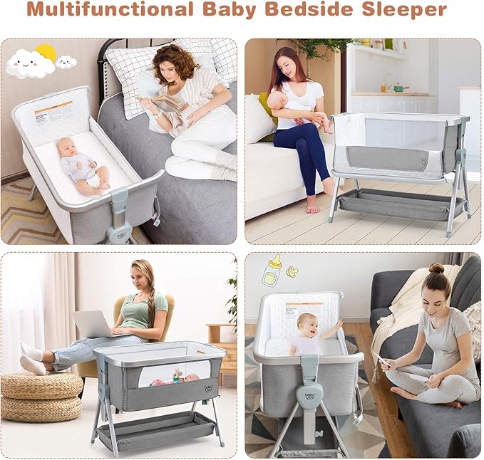 BABY JOY Bedside Bassinet, Portable Baby Crib w/Mattress, Two-Side Breathable Mesh, 7 Height Adjustable, Large Storage, Wheels for Easy Movement, Crib for Newborn Infant, Bassinet for Baby, Grey