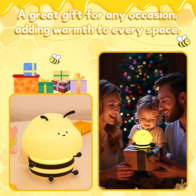 Bee Gifts, Cute Bee Night Light, Animal Silicone Nursery Lamp with Dimming and Timing Function, 9 Lighting Effects, Cute Room Decor Lights