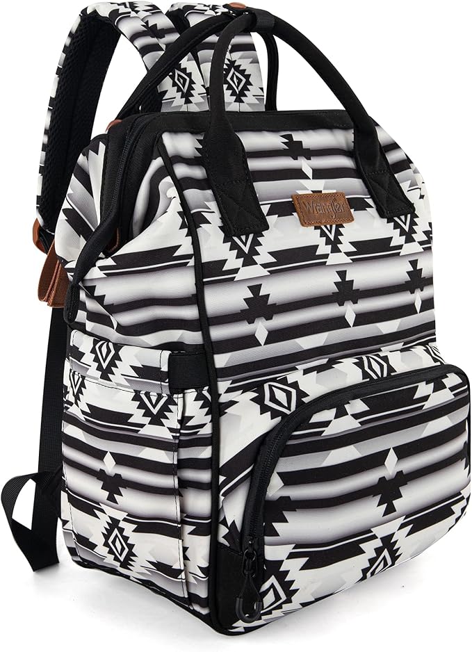 Wrangler Aztec Backpack Organized Daypack Travel Baby Bag with Stroller Strap and Side Bottle Pockets WG2204-9110BK