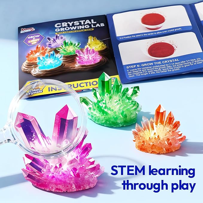 Klever Kits Crystal Growing Lab- 7 Color Crystal Growing Kit with Light-Up Base, Educational Toys Birthday Gift for Boys and Girls, Science Kits for Kids Ages 8-12