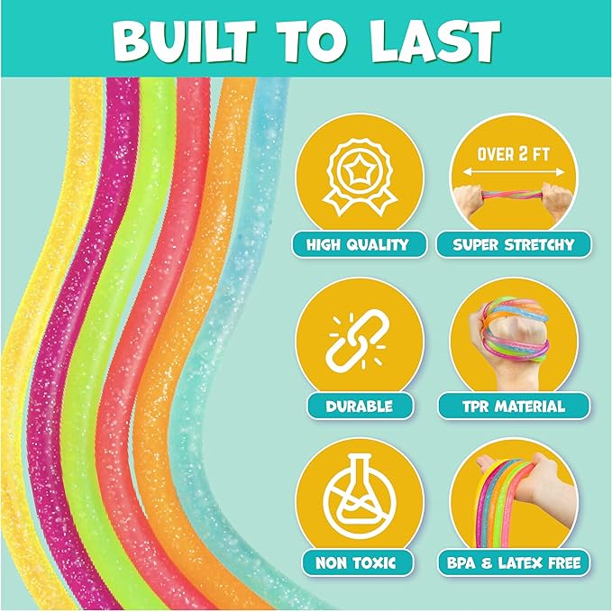 BUNMO Sensory Toys Stretchy Strings for Toddlers 3+ - Stimulating & Addictive Fidget Toys for Kids - Hours of Fun for Kids - Non-Mouthable Toy 3+ - Glitter 6 Pack
