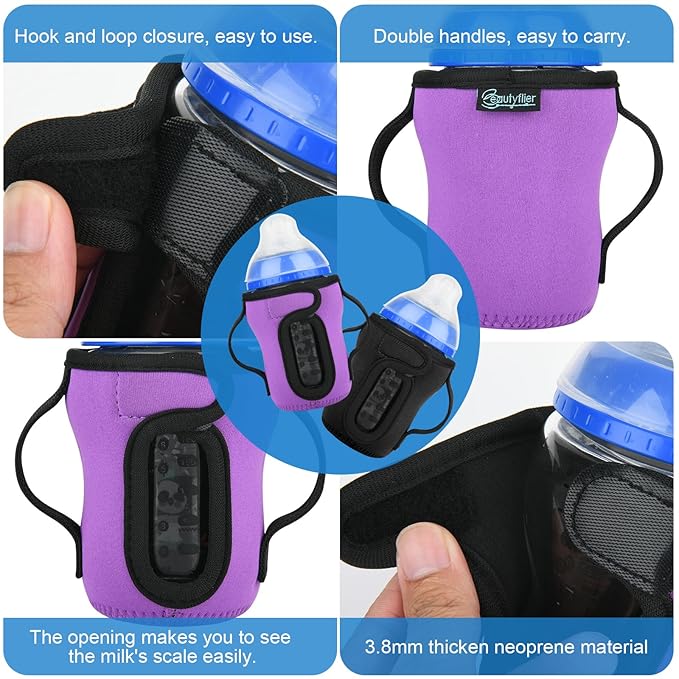 Beautyflier Glass Baby Bottle Sleeve Covers for 9oz Nature Baby Bottles with Dual Handle, 3.8mm Thicken Heat and Cold Retention Baby Bottle Sleeve (Black+Purple)