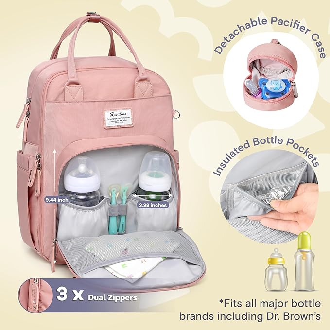 RUVALINO Diaper Bag Backpack, Multifunction Travel Back Pack for Girls, Maternity Baby Changing Bags with Changing Pad for Mom, Large Capacity, Waterproof and Stylish, Pink