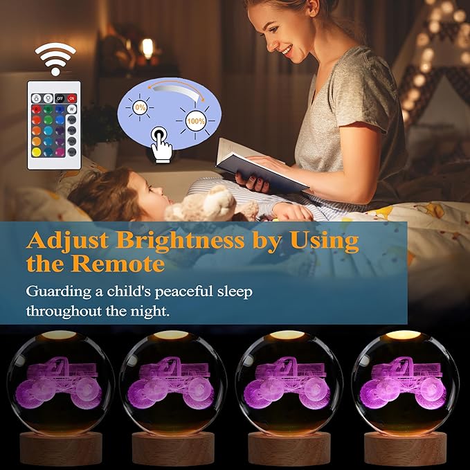 Monster Truck Night Light, Monster Truck Gifts, 3D Crystal Ball Night Light with Remote Upgraded 3.15 Inch Lamps with 16 Color for Birthday Xmas Cool Figurines Gifts for Room Decor Boys Girls