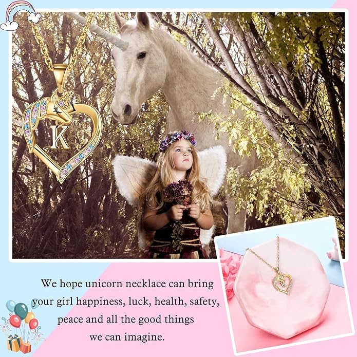 Hidepoo Unicorn Necklace Gifts for Girls - 14K-Gold-Plated Colorful CZ Heart Necklace Girls Jewelry Initial Unicorn Necklaces for Girl Birthday Gifts