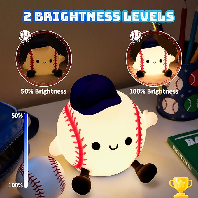 Lampeez Baseball Night Light, Soft Silicone Touch Lamp, Cute LED Nursery Nightlight & Bedroom Decor, Xmas Birthday Gift for Boys, Girls and Baseball Fans, Creates Soothing Glow for Bedtime