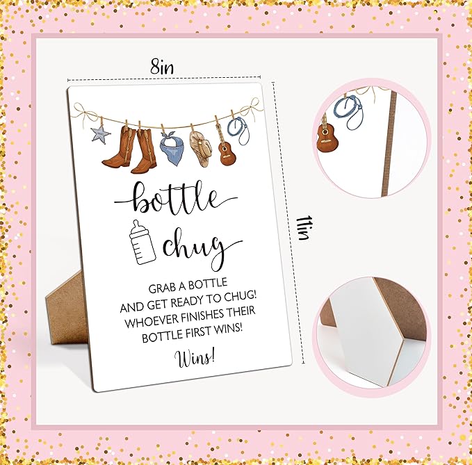 Baby Shower Games Bottle Chug Sign-8x11 Inches West Cowboy Wooden Sign Baby Gift for Baby Shower Gender Reveal Party, Gender Neutral Baby Bottle Shower Party Games Favors Supplies-11