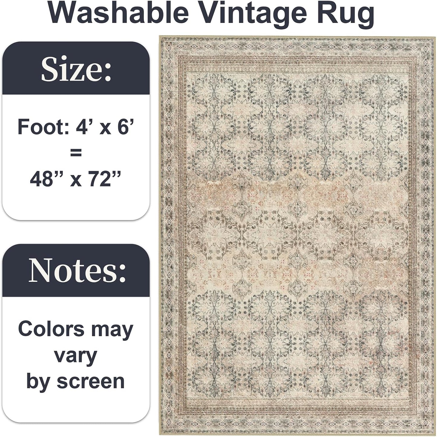 4x6 Area Rug for Bedroom Machine Washable, Non Slip Vintage Floral Kitchen Rugs for Dining Room, Rustic Indoor Floor Carpet for Nursery, Farmhouse, Office Classroom Beige/Pink/Orange