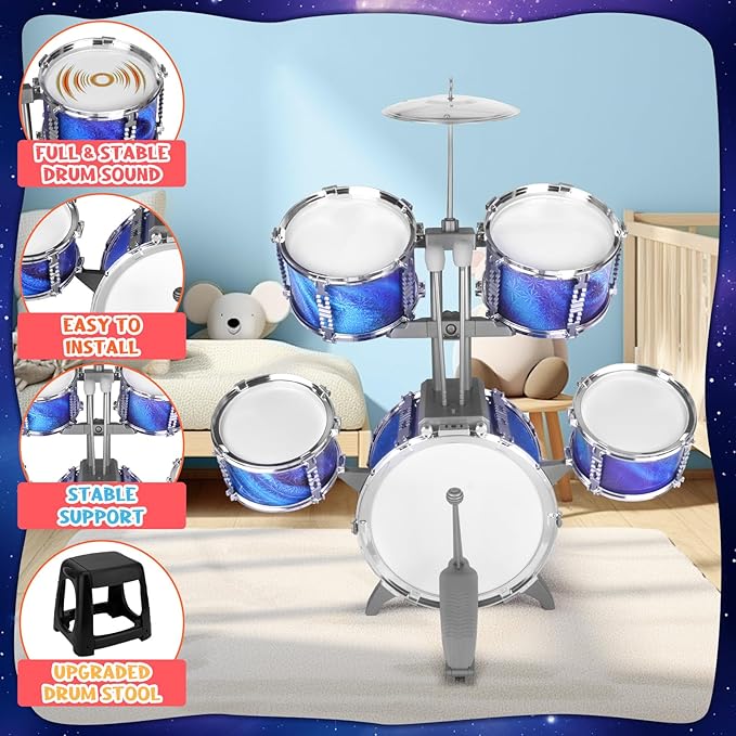 Kids Drum Set for Toddlers 1-3 Musical Jazz Drum with Stool Toys for 2-5 4-6 5-7 Boys Girls Birthday, Blue