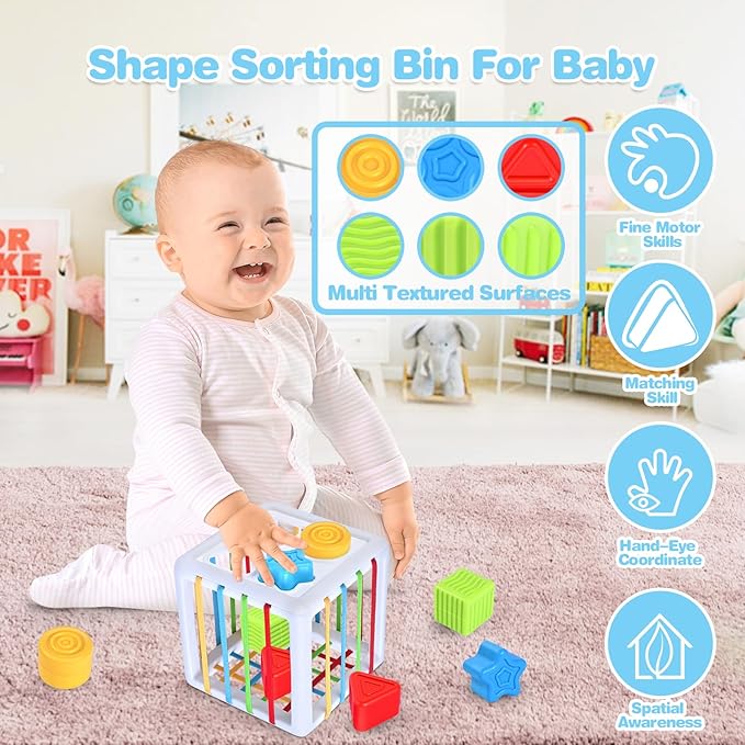 Baby Toys 6-12 Months, Montessori Toys,Baby Teething Toys, Sensory Bin Toy, Stacking Building Blocks & Rings Infants,Sorting Sensory Learning Gift for Toddlers for Toddlers 0-3-6-9-12 Month, 5 in 1