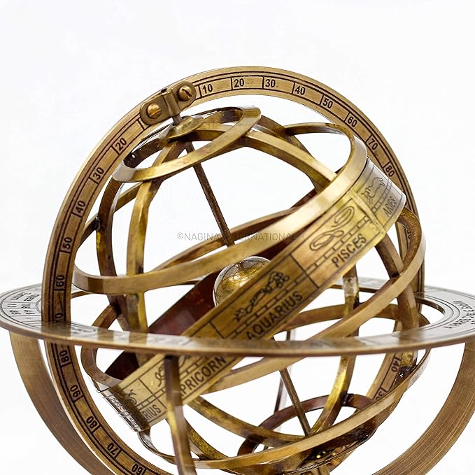 Nagina International Antique Vintage Zodiac Armillary Brass Sphere Globe Wooden Display | Pirate's Antique Ship Decor (Medium, Antique Brass)