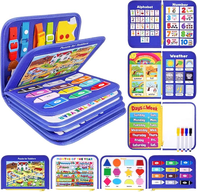 12-Page Toddler Busy Board Montessori Toys, Busy Book for Toddlers, Boy Girl Birthday Gift,Toddler, 24 in 1 Activity Sensory Toys for Motor Skills, Travel Toy for Car Airplane (Blue)